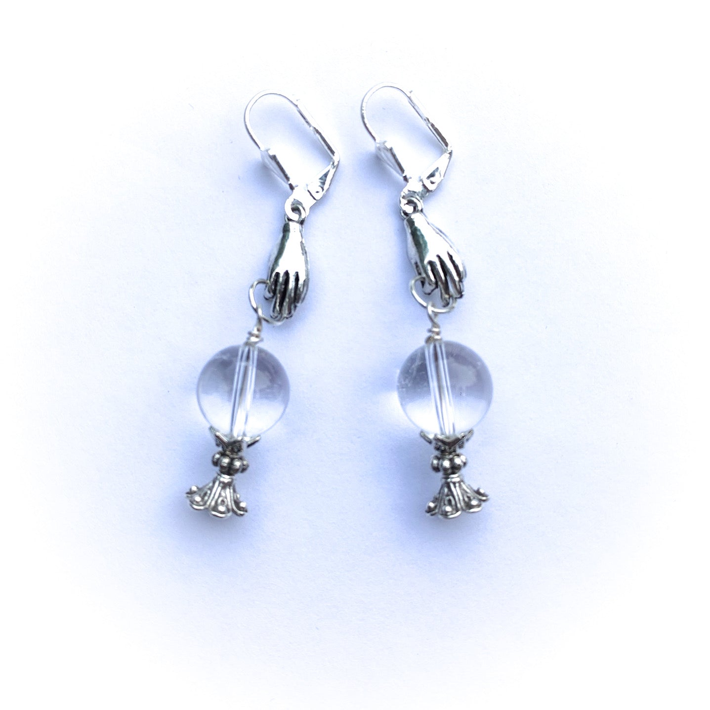 Fortune Teller Earrings With Clear Quartz Crystal Balls And Cast Pewter Hand. 925 Silver + Titanium Ear-wire Options - Darkmoon Fayre