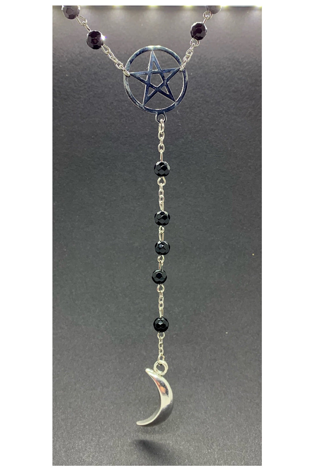 Witchy Gothic Long Rosary Necklace. Long Faceted Black Glass with Silver Pentacle and Crescent Moon - Darkmoon Fayre