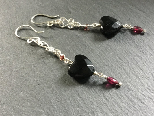 Black Onyx & Garnet Drop Heart Earrings. All 925 Sterling Silver. “Bloody Valentine Collection” - Darkmoon Fayre