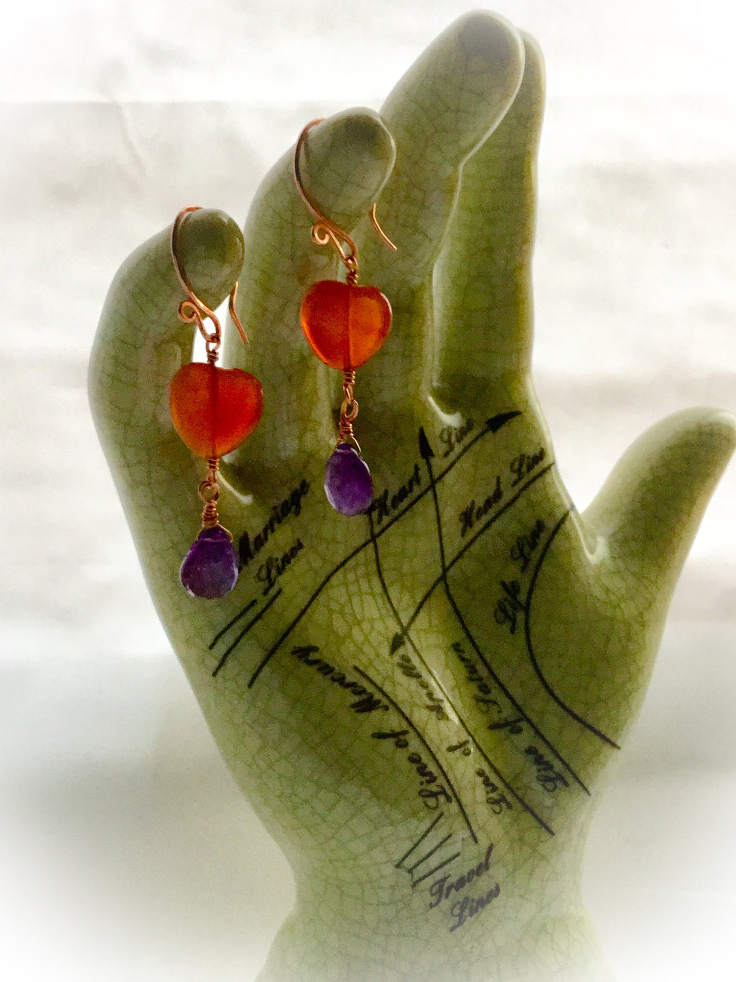 Carnelian Heart and Amethyst Drop Earrings. Rose Gold Plated Hand Forged Ear-wires. - Darkmoon Fayre