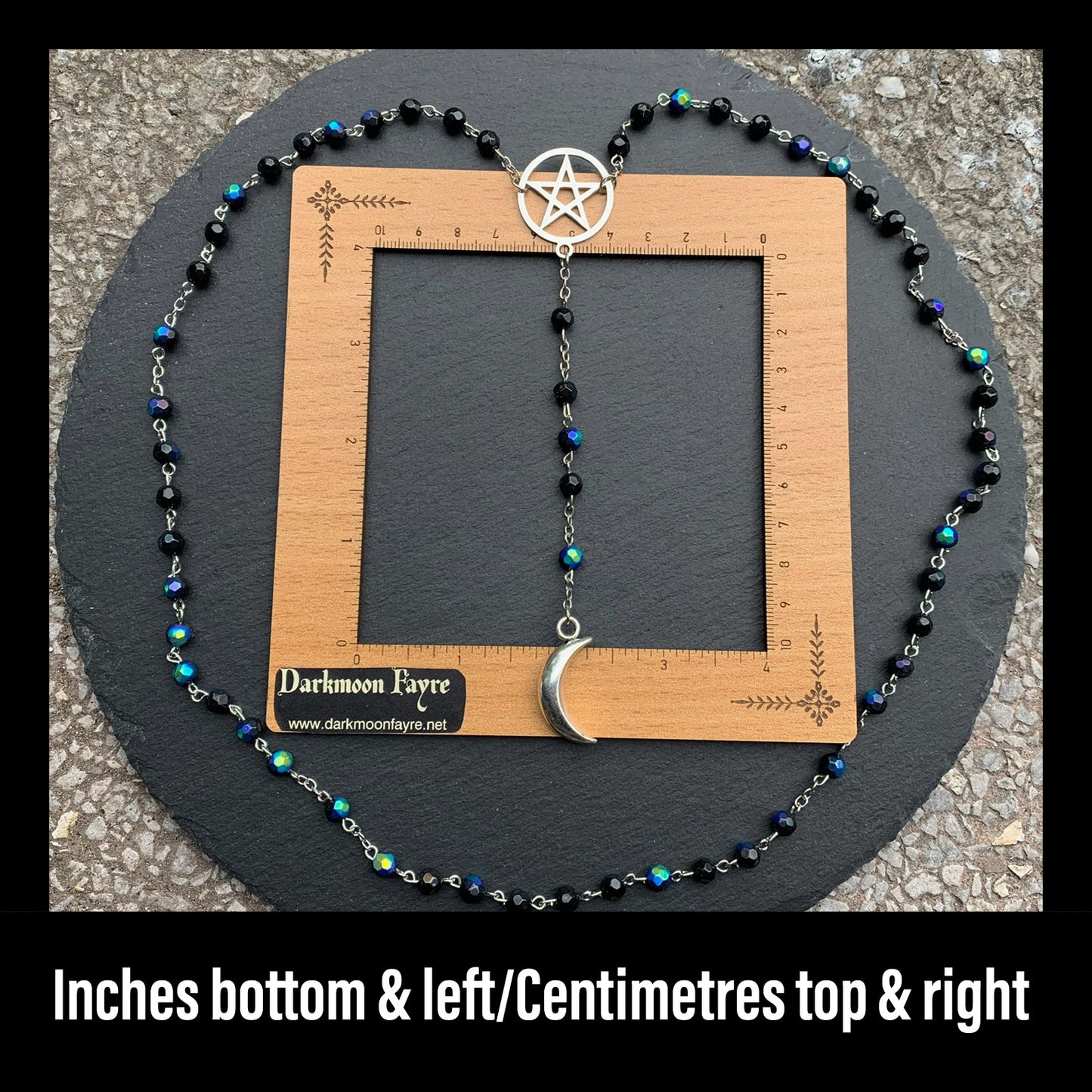 Peacock Aurora Borealis Black Glass Witchy Gothic Long Rosary Necklace With Silver Pentacle And Crescent Moon - Darkmoon Fayre