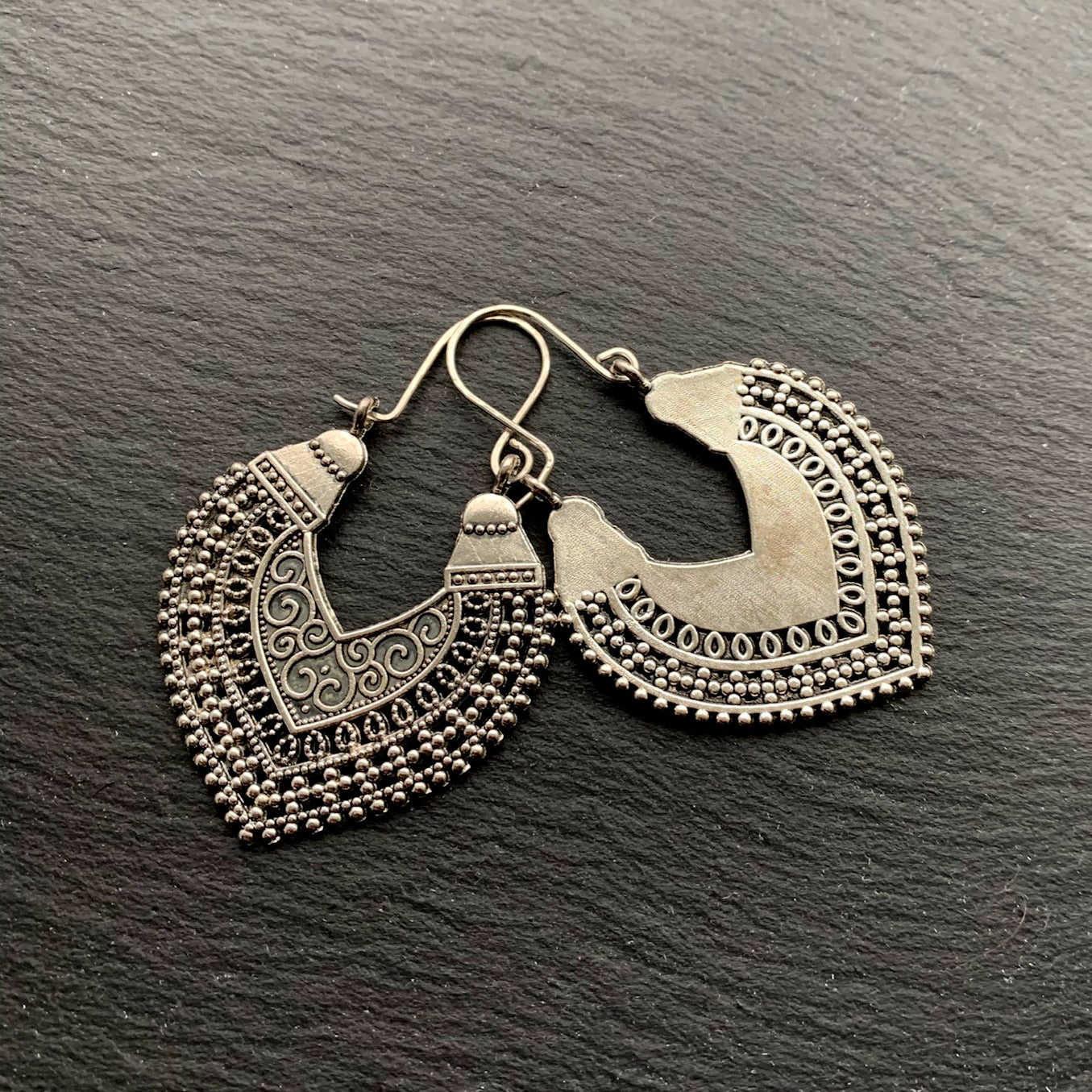 Tribal Heart Hoops. 925 Sterling Silver Ear-wire. Antique Silver Plated Cast Tibetan Silver/Pewter Hoops. Gypsy Earrings - Darkmoon Fayre