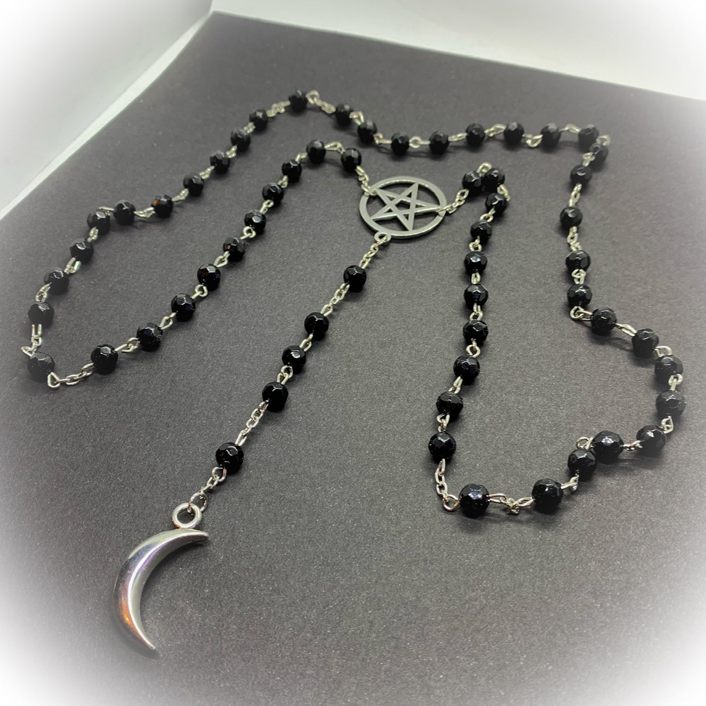 Witchy Gothic Long Rosary Necklace. Long Faceted Black Glass with Silver Pentacle and Crescent Moon - Darkmoon Fayre