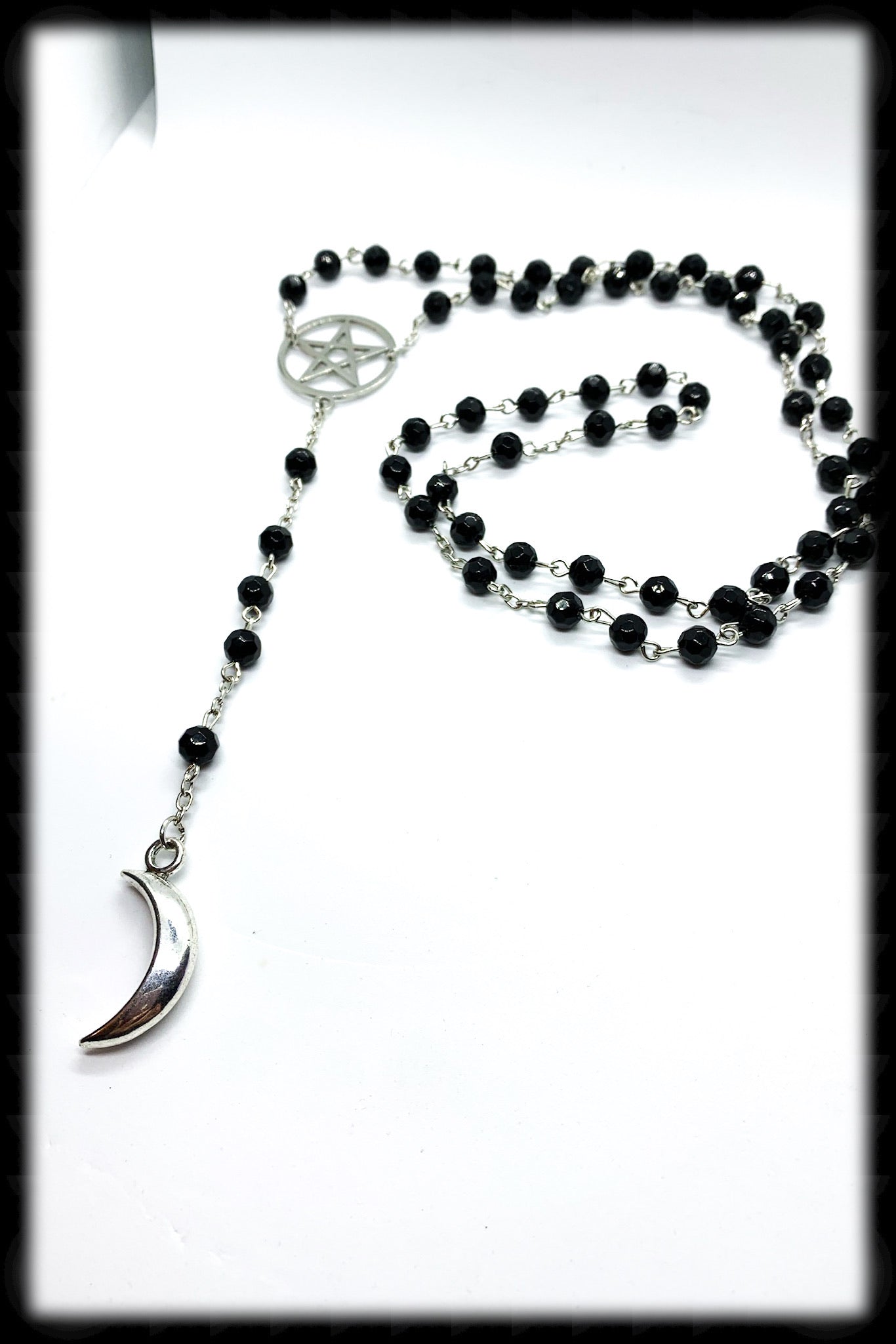 Witchy Gothic Long Rosary Necklace. Long Faceted Black Glass with Silver Pentacle and Crescent Moon - Darkmoon Fayre