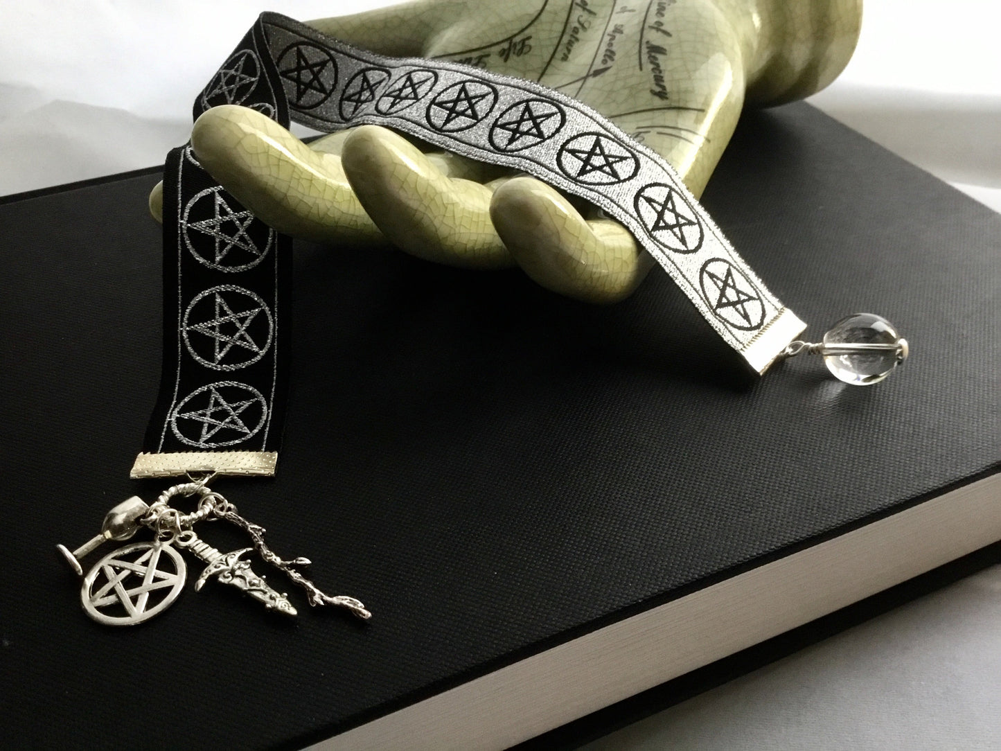 Fortune Teller’s Bookmark. Pentacle Silver Jacquard Ribbon. Tarot Suite Charms,Quartz Crystal “Ball" - Darkmoon Fayre