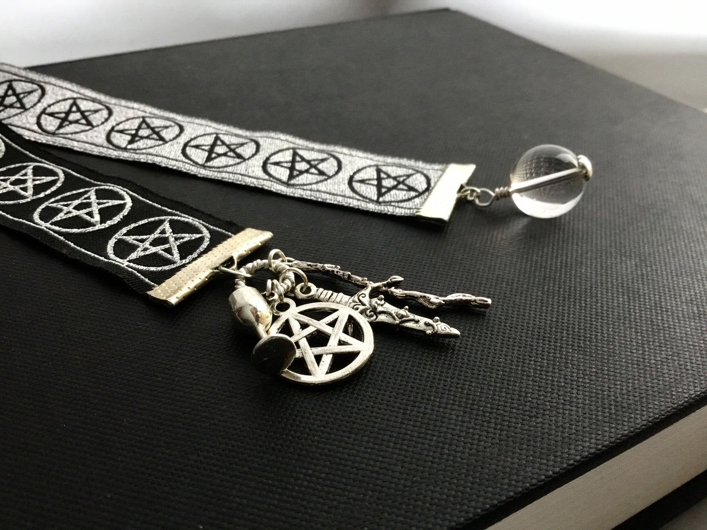 Fortune Teller’s Bookmark. Pentacle Silver Jacquard Ribbon. Tarot Suite Charms,Quartz Crystal “Ball" - Darkmoon Fayre