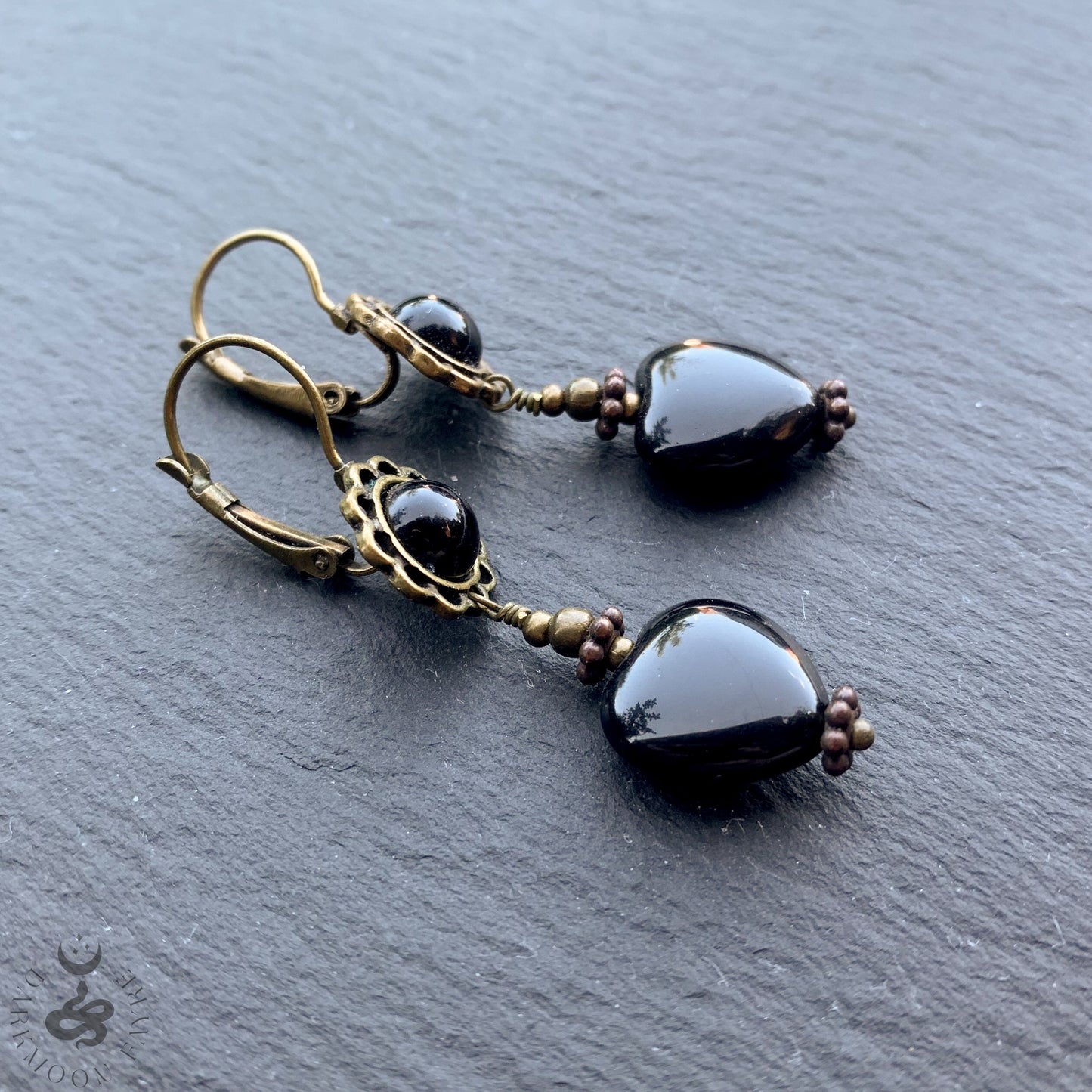 Black Obsidian Dark Heart Victorian Vampire Earrings With Antiqued Bronzed Metals - Darkmoon Fayre