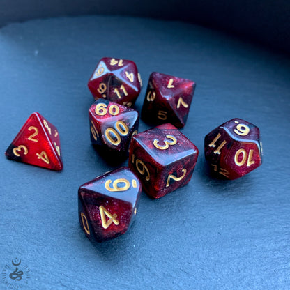 DnD 7 Dice Sorcerer's Blood Red And Black Set With A Fairtrade Cotton Storage Pouch - Darkmoon Fayre