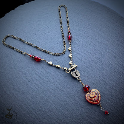 Victorian Valentine Key To My Heart Necklace In Antiqued Bronze With Red Glass Heart And Padlock Toggle Clasp - Darkmoon Fayre