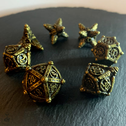 DnD 7 Bronze Ancient Mechanical Solid Heavy Metal Polyhedral Dice Set With A Fairtrade Cotton Storage Pouch - Darkmoon Fayre