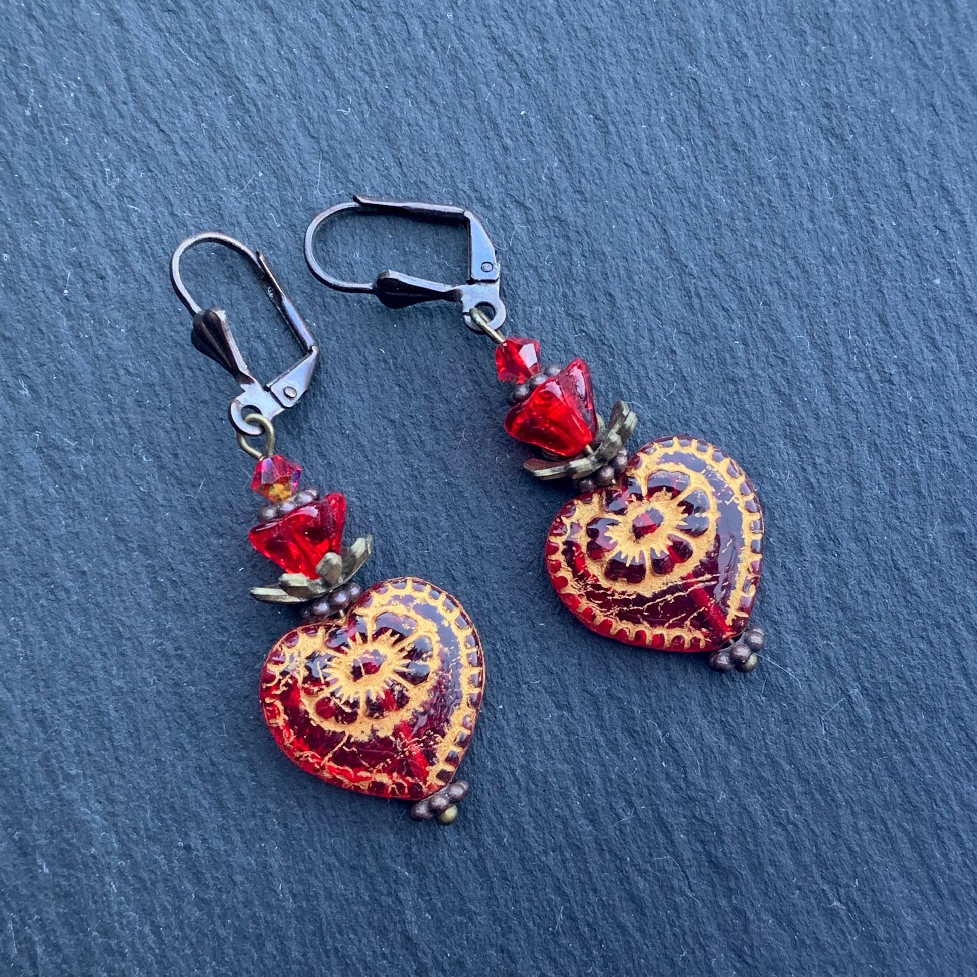 Victorian Valentine Earrings With Red Glass Hearts And Flowers In Antiqued Bronze. Niobium Ear-wire Option - Darkmoon Fayre