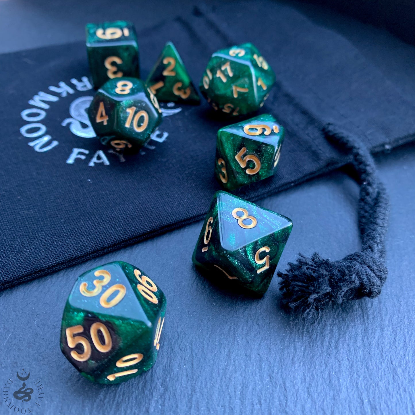 DnD 7 Dice Green Forest Dragon Dice Set With A Fairtrade Cotton Storage Pouch - Darkmoon Fayre