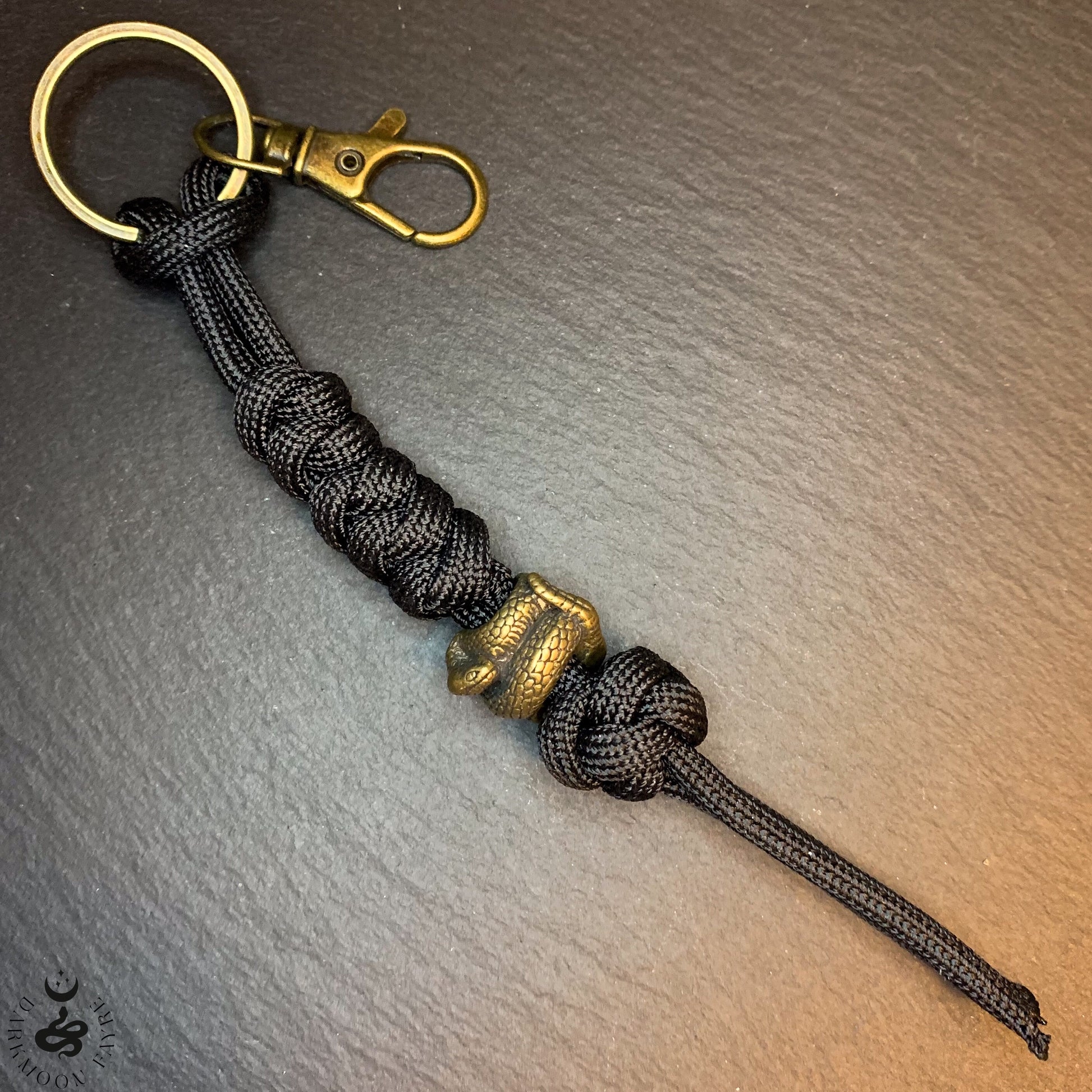 Japanese Netsuke Style Snake Keyring In Antiqued Bronze, can also be used as a zipper pull, knife lanyard, bag or boot charm - Darkmoon Fayre