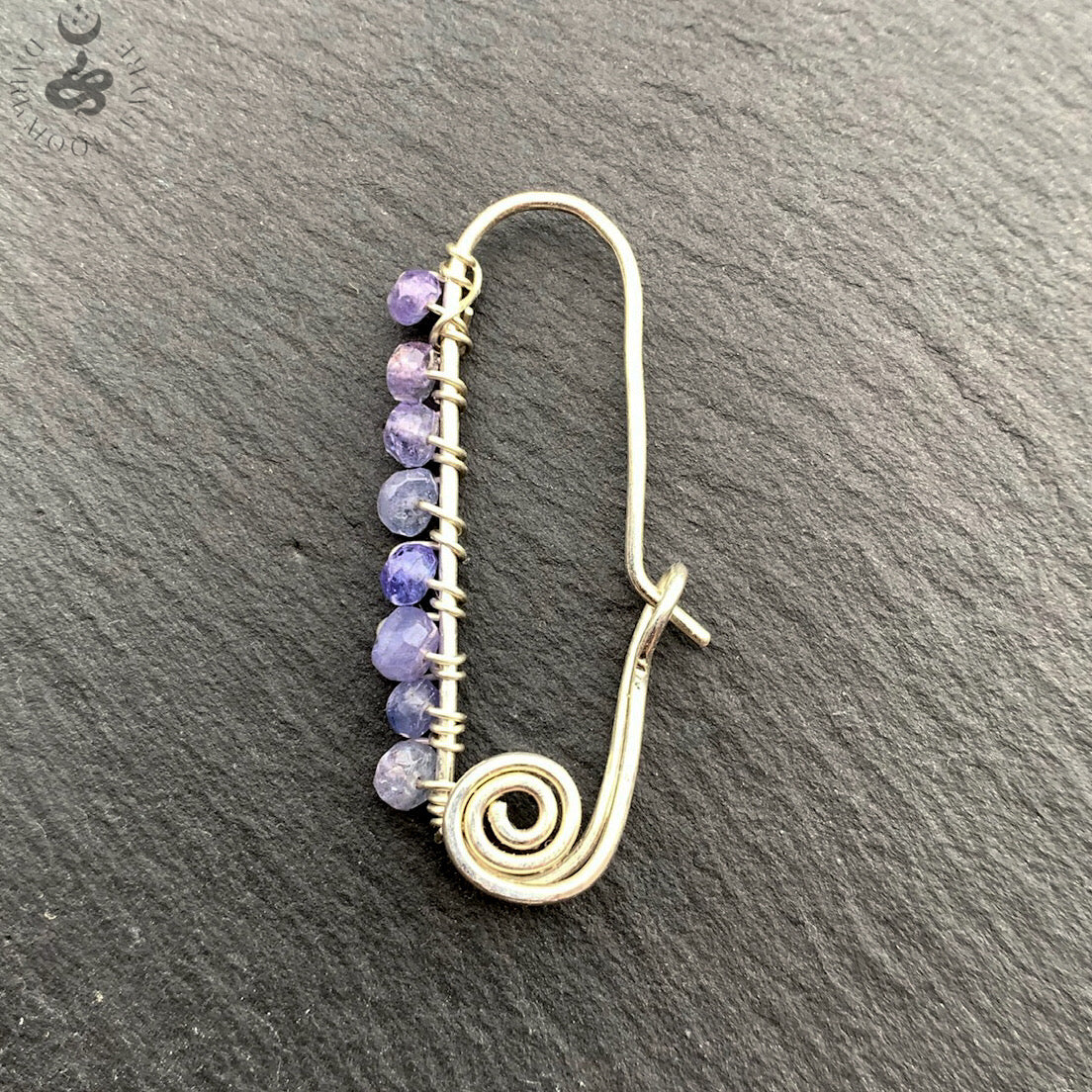 Tanzanite Safety Pin Single Earring In All 925 Sterling Silver Hand Forged Wire - Darkmoon Fayre