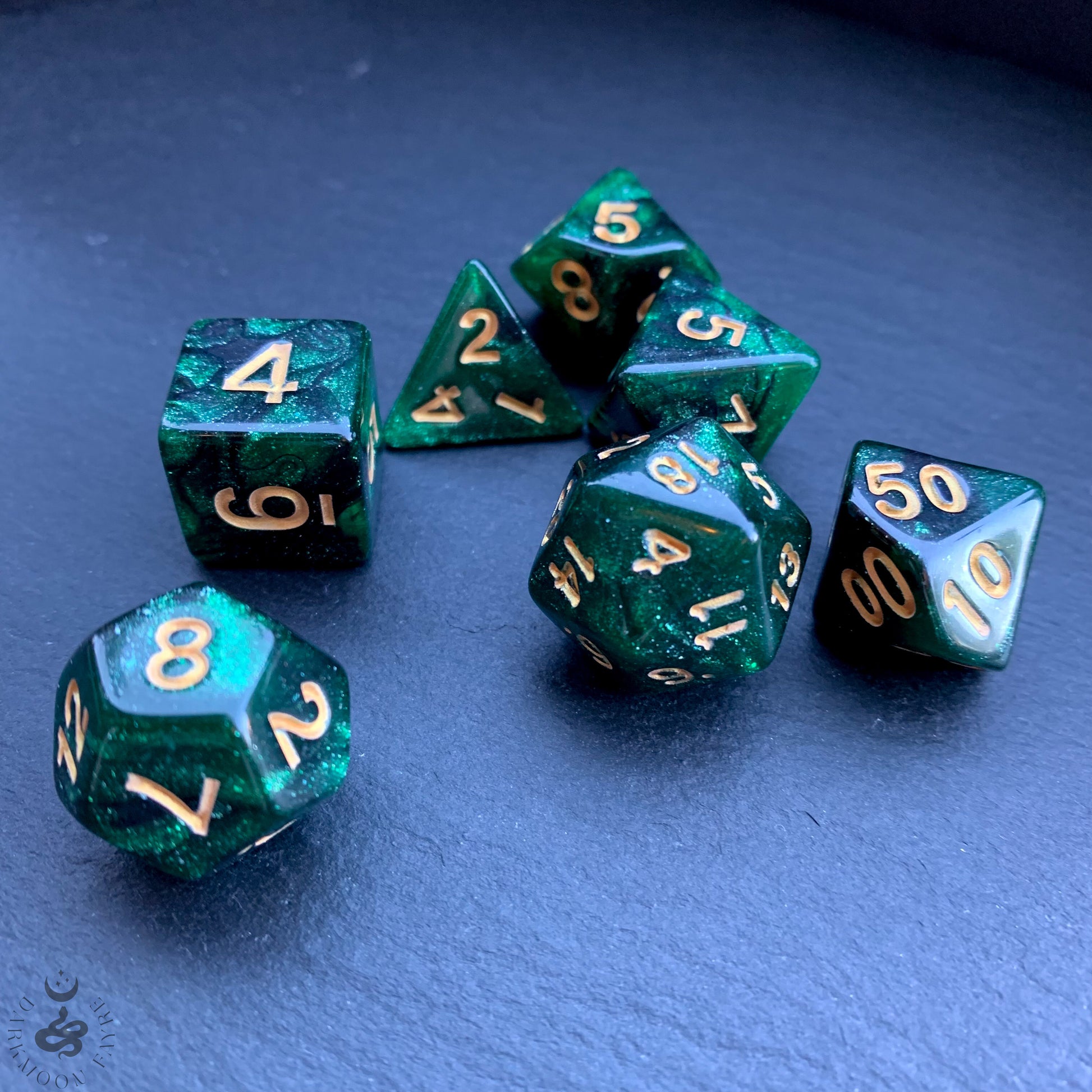 DnD 7 Dice Green Forest Dragon Dice Set With A Fairtrade Cotton Storage Pouch - Darkmoon Fayre
