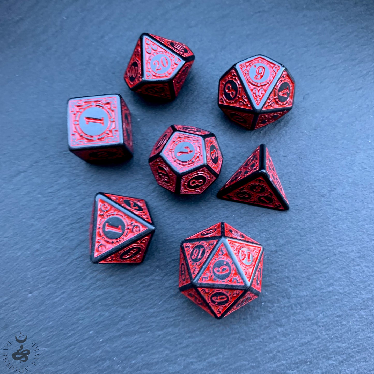 DnD 7 Dice Red And Black Evocation Glyph Set With A Fairtrade Cotton Storage Pouch - Darkmoon Fayre