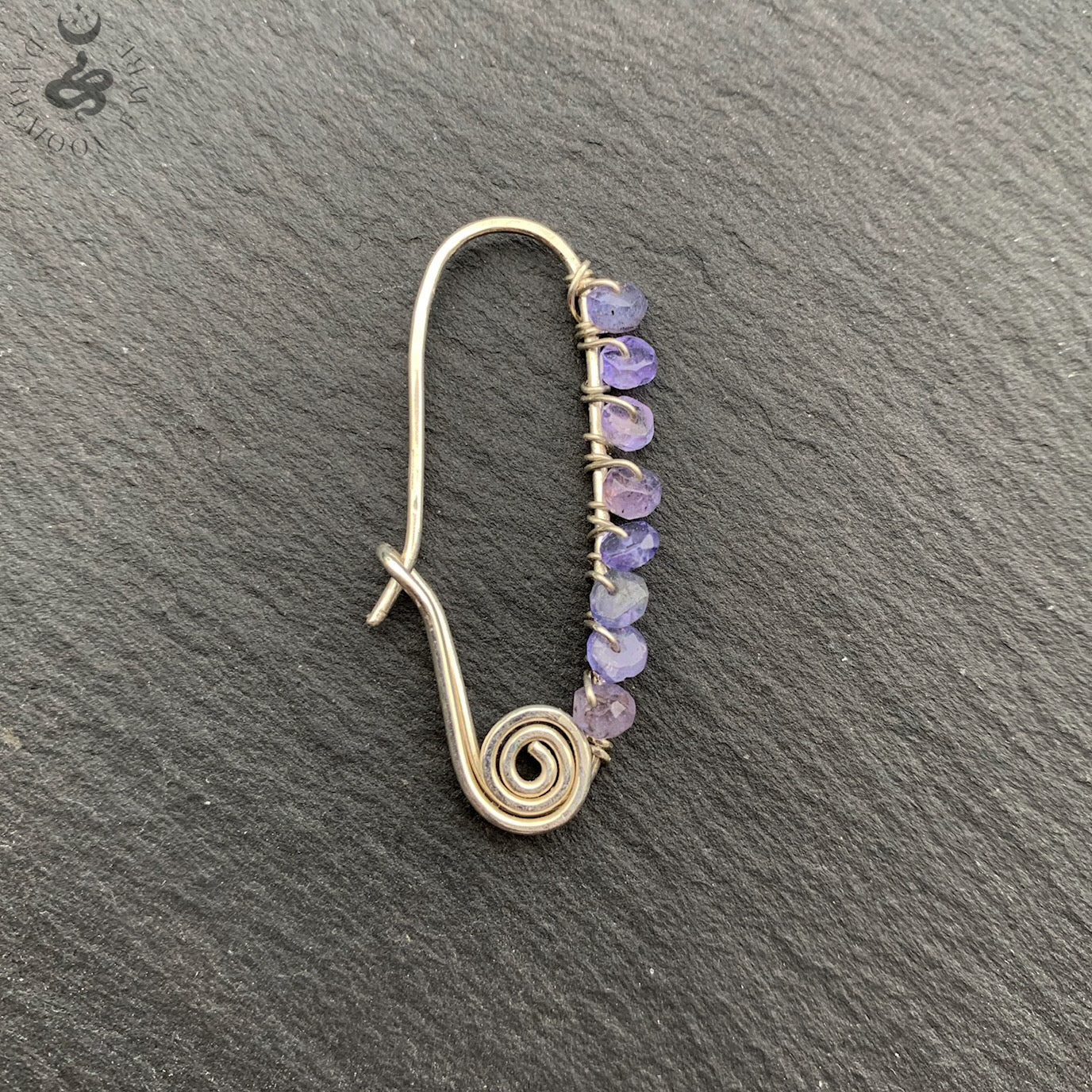 Tanzanite Safety Pin Single Earring In All 925 Sterling Silver Hand Forged Wire - Darkmoon Fayre