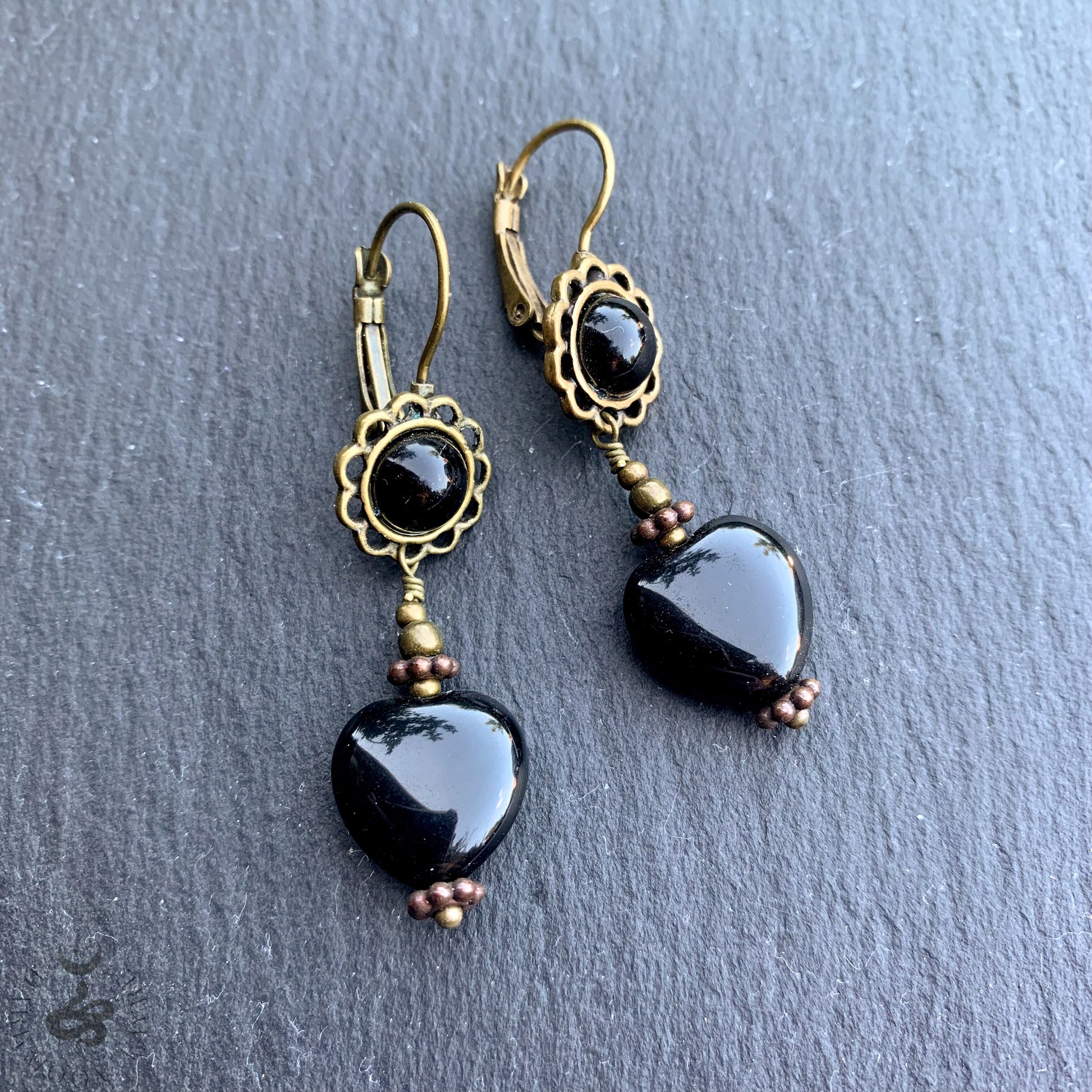 Black Obsidian Dark Heart Victorian Vampire Earrings With Antiqued Bronzed Metals - Darkmoon Fayre