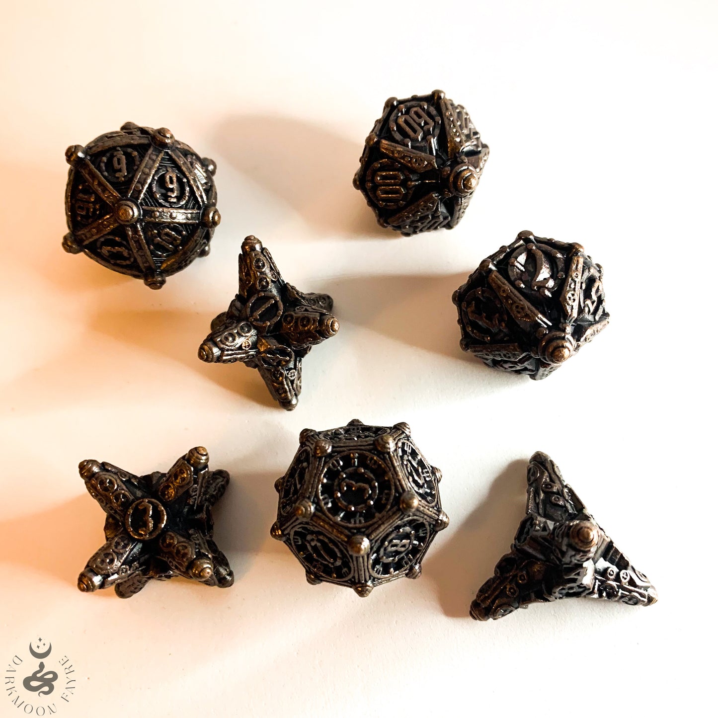 DnD 7 Copper Ancient Mechanical Solid Heavy Metal Polyhedral Dice Set With A Fairtrade Cotton Storage Pouch - Darkmoon Fayre