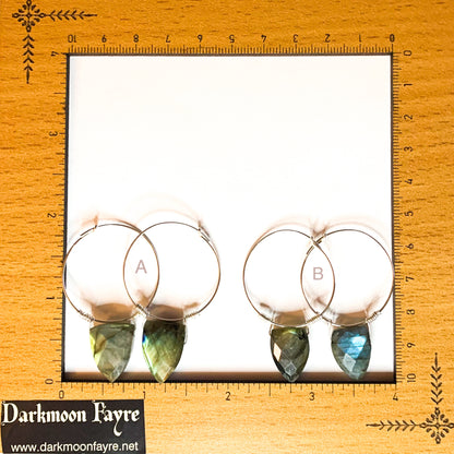 925 Sterling Silver Labradorite Tooth Earrings Hand Forged Hoop Ear-wires - Darkmoon Fayre
