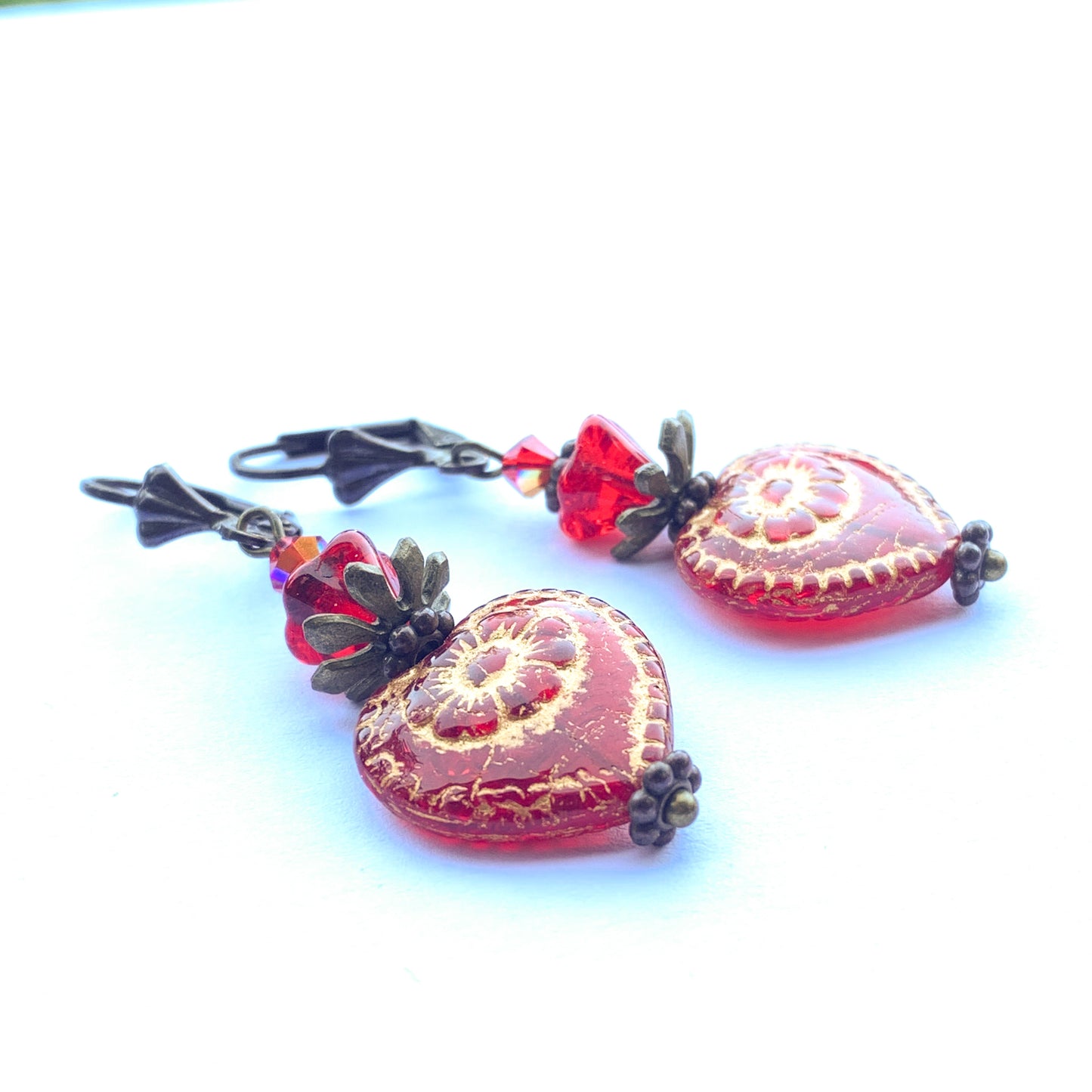 Victorian Valentine Earrings With Red Glass Hearts And Flowers In Antiqued Bronze. Niobium Ear-wire Option - Darkmoon Fayre