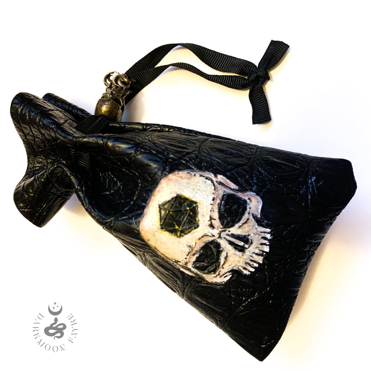 Vegan Leather Dice Pouch With Hand Painted Skull And Cthulhumanoid Skull Brass Toggle - Darkmoon Fayre