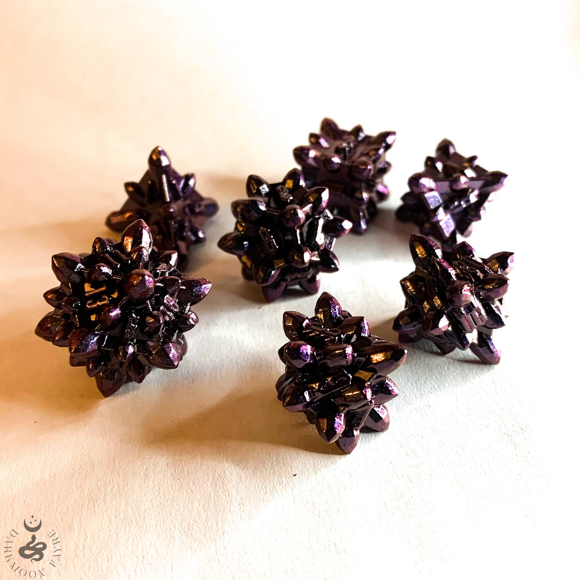 DnD 7 Eldritch Blast Purple Aurora Crystalline Shaped Solid Heavy Metal Polyhedral Dice Set With A Fairtrade Cotton Storage Pouch - Darkmoon Fayre