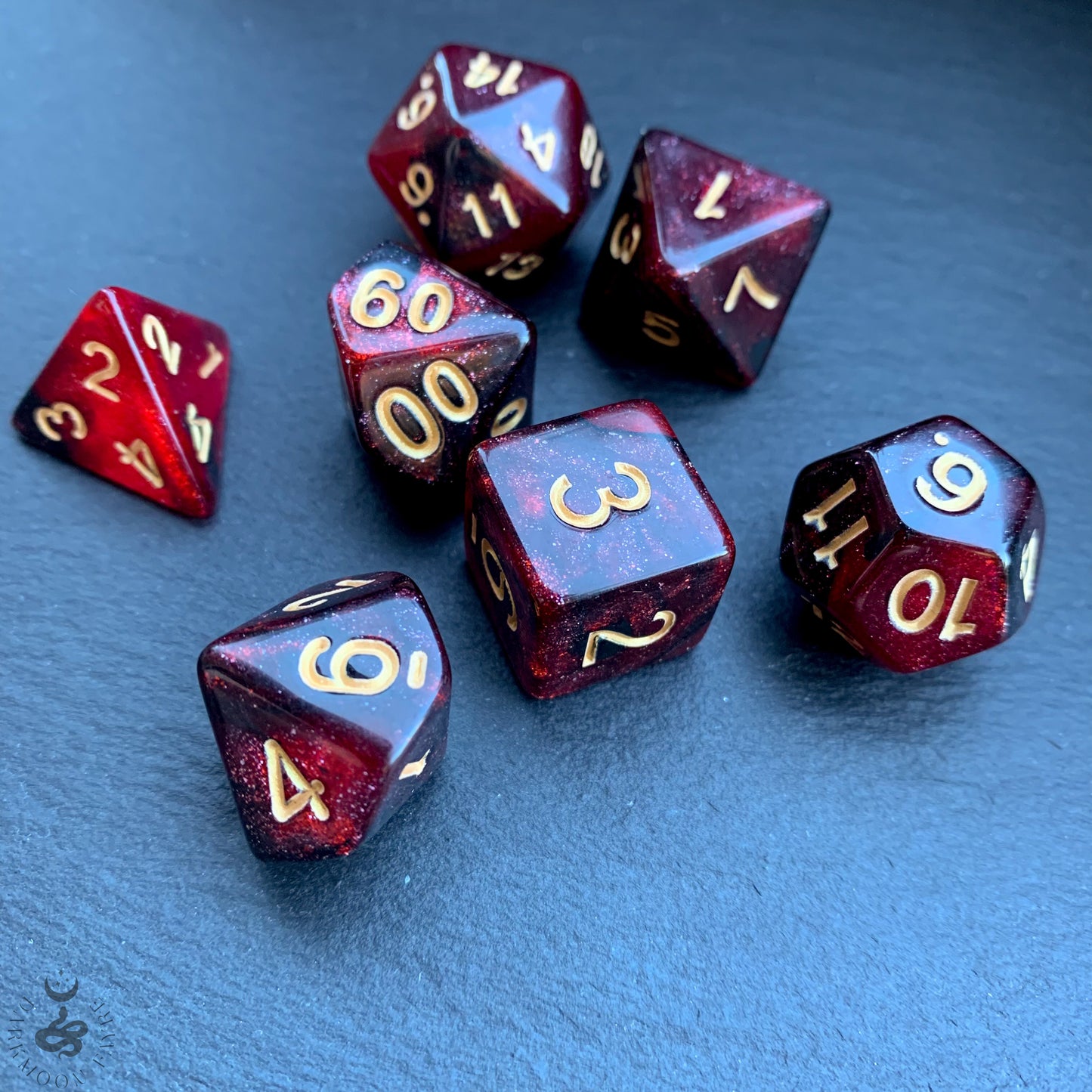 DnD 7 Dice Sorcerer's Blood Red And Black Set With A Fairtrade Cotton Storage Pouch - Darkmoon Fayre