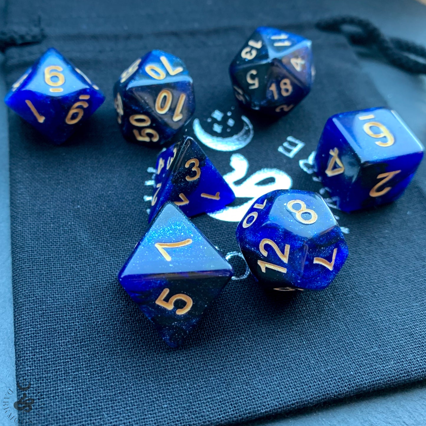 DnD 7 Dice Night Sky Wizard Set With A Fairtrade Cotton Storage Pouch - Darkmoon Fayre