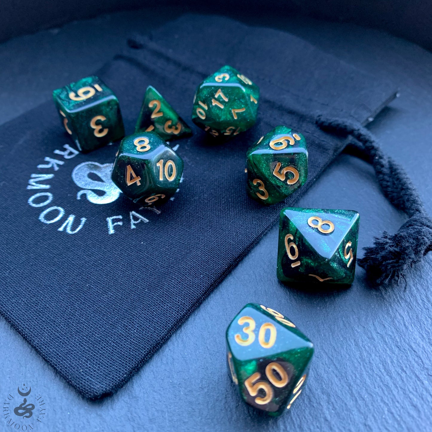 DnD 7 Dice Green Forest Dragon Dice Set With A Fairtrade Cotton Storage Pouch - Darkmoon Fayre