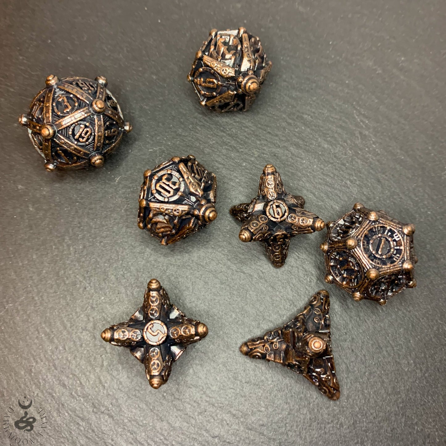 DnD 7 Copper Ancient Mechanical Solid Heavy Metal Polyhedral Dice Set With A Fairtrade Cotton Storage Pouch - Darkmoon Fayre