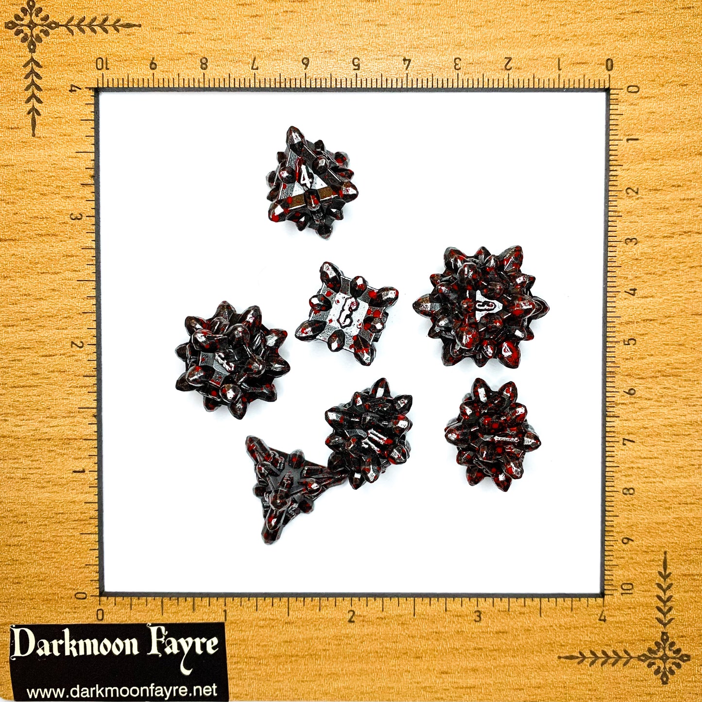 DnD 7 Blooded Rogue Gunmetal Crystalline Shaped Solid Heavy Metal Polyhedral Dice Set With A Fairtrade Cotton Storage Pouch - Darkmoon Fayre