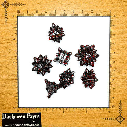 DnD 7 Blooded Rogue Gunmetal Crystalline Shaped Solid Heavy Metal Polyhedral Dice Set With A Fairtrade Cotton Storage Pouch - Darkmoon Fayre
