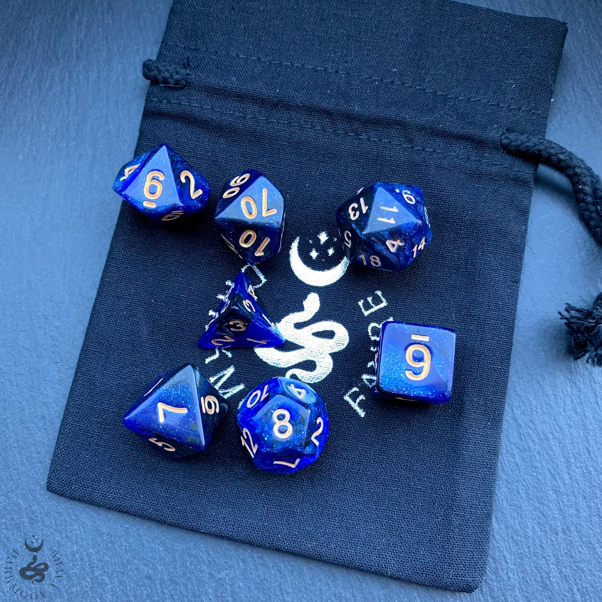 DnD 7 Dice Night Sky Wizard Set With A Fairtrade Cotton Storage Pouch - Darkmoon Fayre