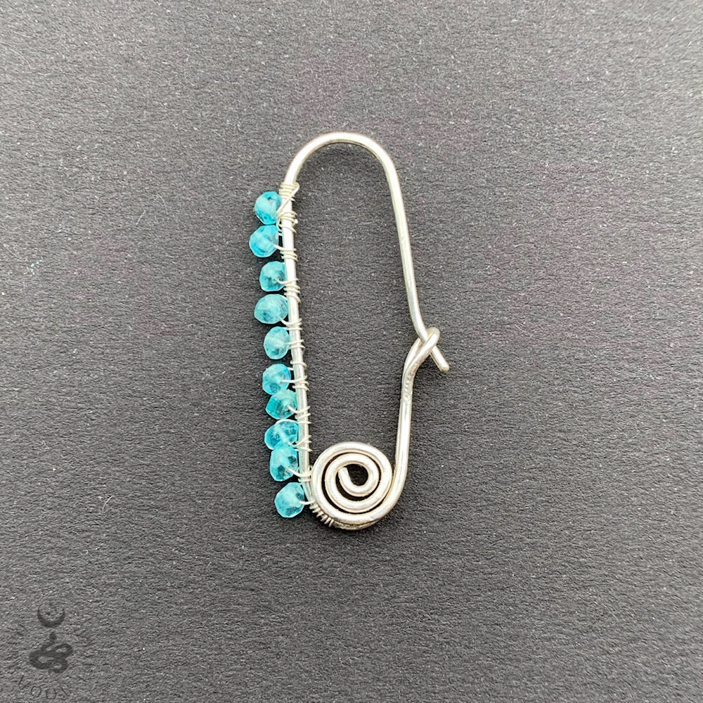 Neon Blue Apatite Single Safety Pin Earring In All 925 Sterling Silver Hand Forged Wire - Darkmoon Fayre