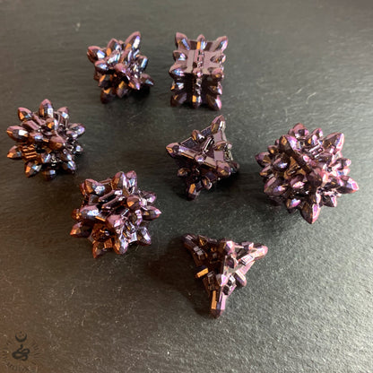 DnD 7 Eldritch Blast Purple Aurora Crystalline Shaped Solid Heavy Metal Polyhedral Dice Set With A Fairtrade Cotton Storage Pouch - Darkmoon Fayre