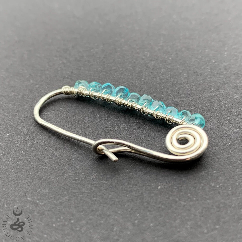 Neon Blue Apatite Single Safety Pin Earring In All 925 Sterling Silver Hand Forged Wire - Darkmoon Fayre