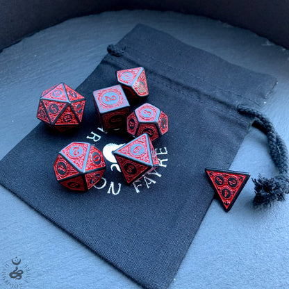 DnD 7 Dice Red And Black Evocation Glyph Set With A Fairtrade Cotton Storage Pouch - Darkmoon Fayre
