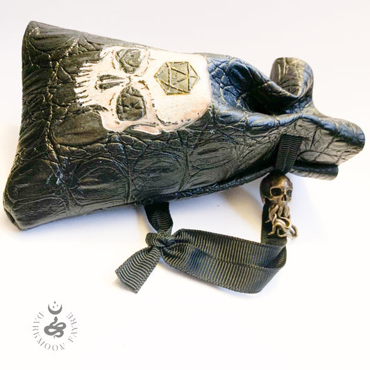 Vegan Leather Dice Pouch With Hand Painted Skull And Cthulhumanoid Skull Brass Toggle - Darkmoon Fayre