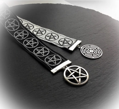 Witchy Bookmark With Hecate's Wheel And Pentacle In Woven Metallic Silver Black Woven Jacquard Ribbon - Darkmoon Fayre