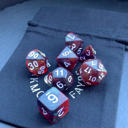 DnD 7 Dice Burning Ember Dragon Aurora Set With A Fairtrade Cotton Storage Pouch