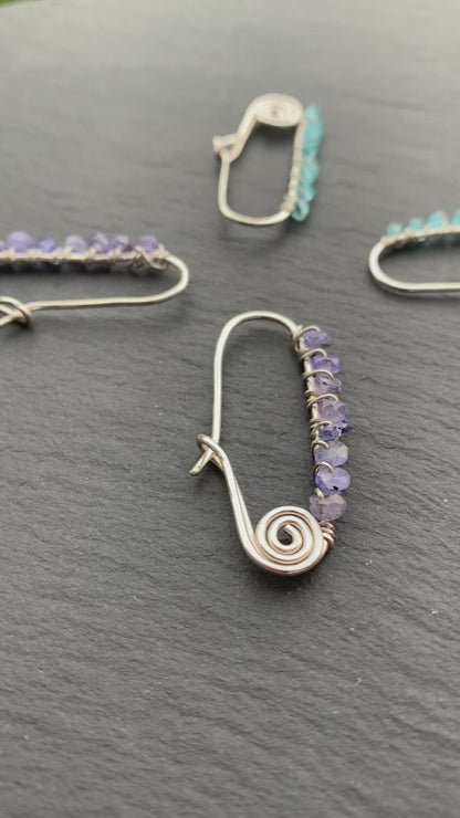 Tanzanite Safety Pin Single Earring In All 925 Sterling Silver Hand Forged Wire