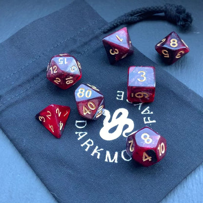 DnD 7 Dice Sorcerer's Blood Red And Black Set With A Fairtrade Cotton Storage Pouch