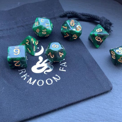 DnD 7 Dice Green Forest Dragon Dice Set With A Fairtrade Cotton Storage Pouch