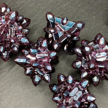 DnD 7 Eldritch Blast Purple Aurora Crystalline Shaped Solid Heavy Metal Polyhedral Dice Set With A Fairtrade Cotton Storage Pouch