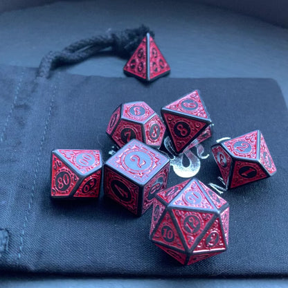 DnD 7 Dice Red And Black Evocation Glyph Set With A Fairtrade Cotton Storage Pouch