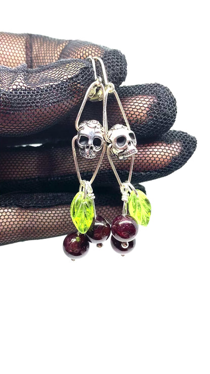 Cherry Skull Earrings With Pewter Rose Skulls In Silver And Garnet Beads