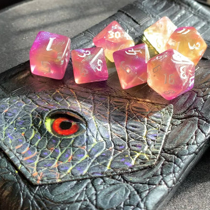 Aurora Lemon Pink DnD 7 Dice Set And Hand Painted Dragon Eye Pouch Set In Vegan Leather