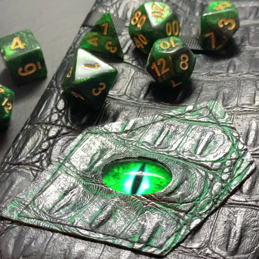 Green Conjuration DnD 7 Dice Set And Hand Painted Dragon Eye Pouch In Vegan Leather