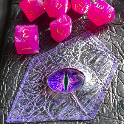 Eldritch Magenta Purple DnD 7 Dice Set And Hand Painted Dragon Eye Pouch In Vegan Leather